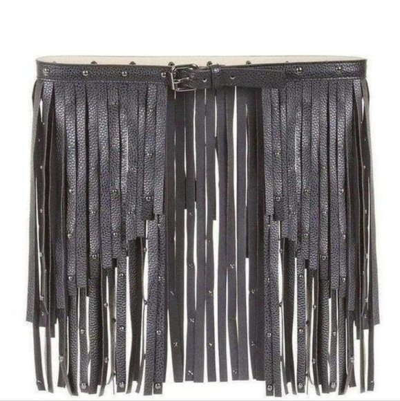 BCBGMaxazria, Black Fringe Vegan Leather Studded Statement Belt, Size Medium - Picture 1 of 12